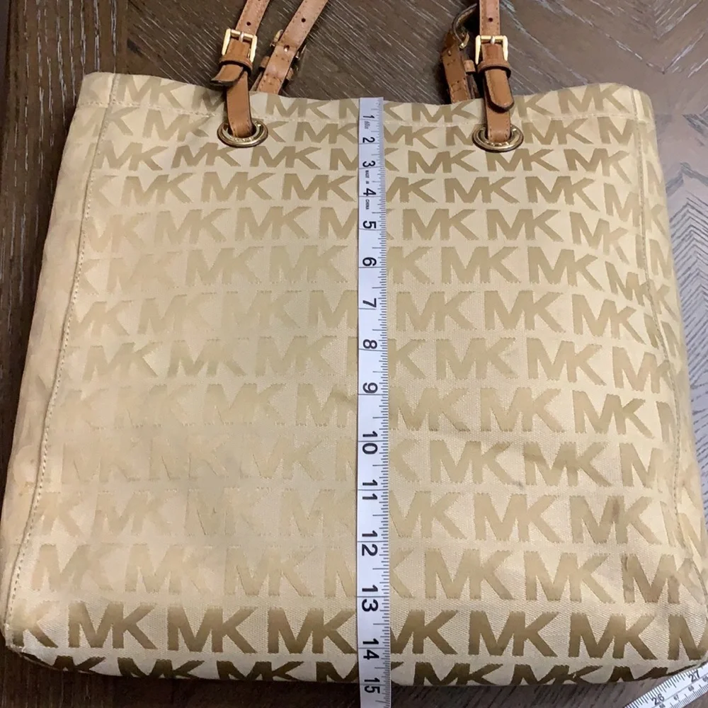 Michael Kors MK monogrammed print tan large shoulder bag with tan leather straps
